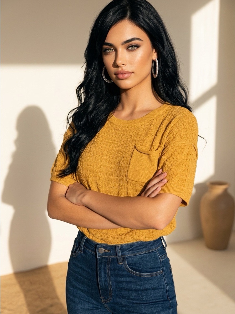 Women’s Anna-kaci Mustard Short-Sleeve Pocket Knit Top - Size Small EUC